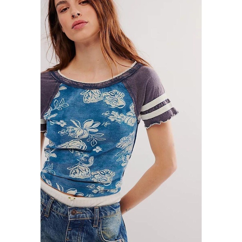 Free People Blue Floral Short Sleeve Tee